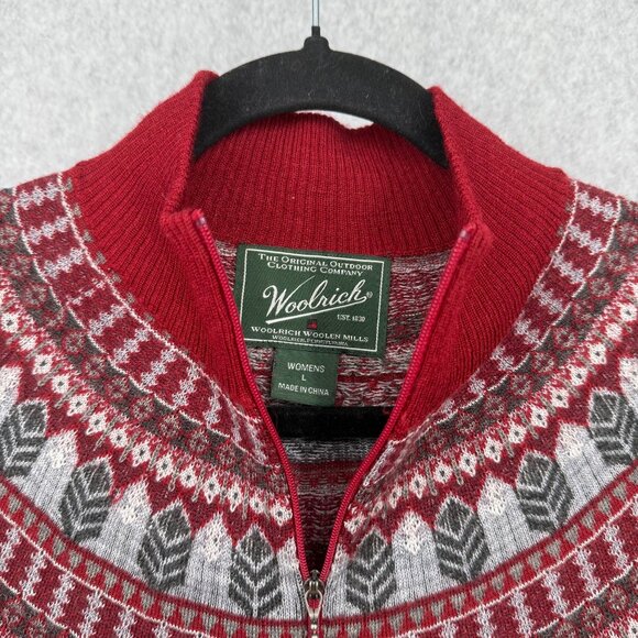 Woolrich Knit Wool Full Zip Jacket Sweater Size L Ruby Red Fair Isle Lightweight - Picture 7 of 13